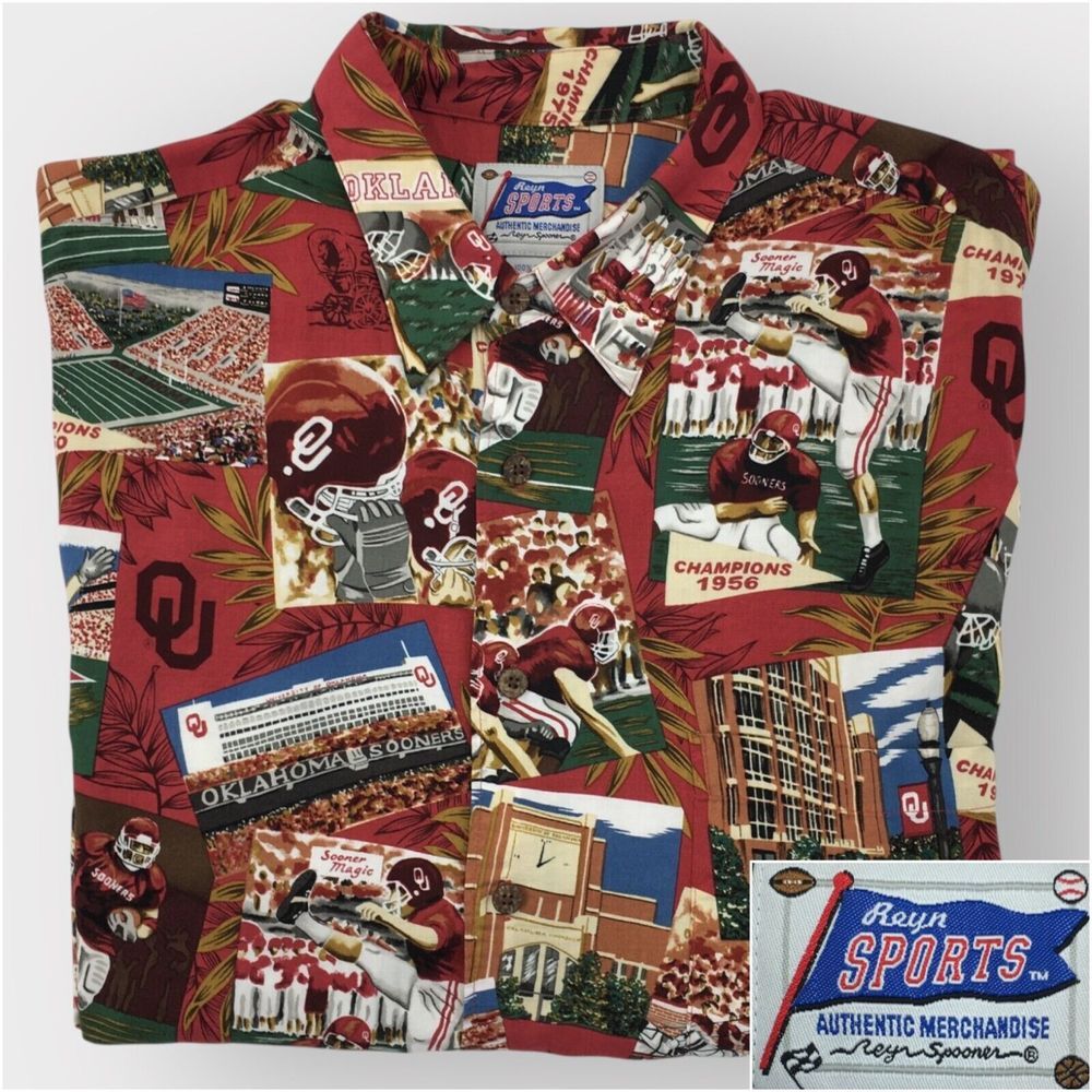 REYN SPOONER Hawaiian Shirt Oklahoma‎ Sooners Mens Size L Casual Cruise Rayon